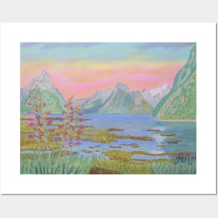 Colorful sunset in Milford Sound, New Zealand Posters and Art